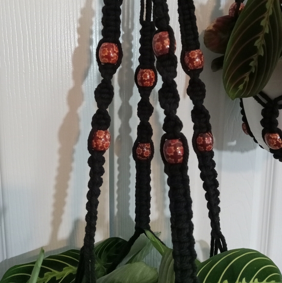 Plant Hanger Macrame Black Floral Beads Set Of 2 With Rings Handmade Small Med - Picture 3 of 15
